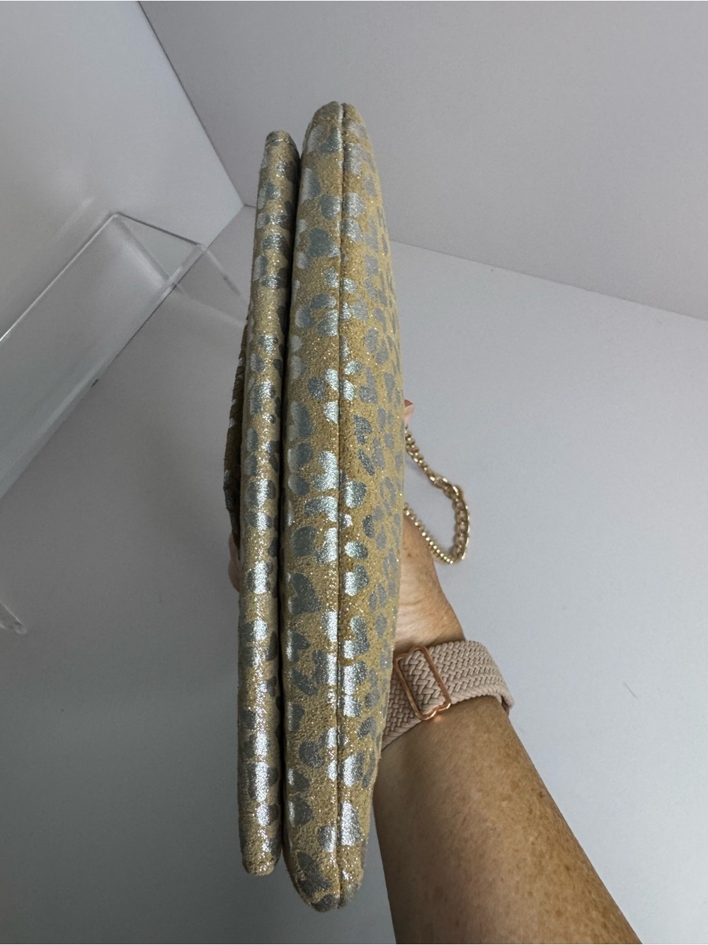 #426 Lodis Small Silver Metallic Leather & Suede Leopard Print Clutch Shoulder - Picture 7 of 16